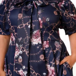 Plus Size Floral Chainlink Print Bow Collar Flare Dress -Radiant Drape Sales 2022633 001 4