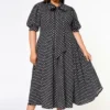 Plus Size Polka Dot Print Bow Collar Flare Dress