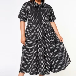 Plus Size Polka Dot Print Bow Collar Flare Dress