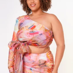 Plus Size Multi Print One Shoulder Crop Top