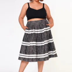 Plus Size Striped Flare Midi Skirt