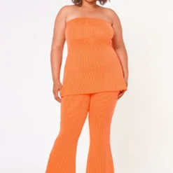 Plus Size Tube Top & Flare Leggings Ribbed Knit Set