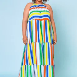 Plus Size Multi Stripe Halter Neck Flare Maxi Dress