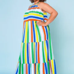 Plus Size Multi Stripe Halter Neck Flare Maxi Dress -Radiant Drape Sales 2022668 001 2