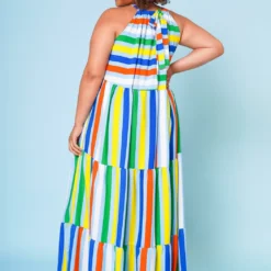 Plus Size Multi Stripe Halter Neck Flare Maxi Dress -Radiant Drape Sales 2022668 001 3