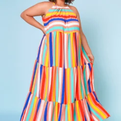 Plus Size Multi Stripe Halter Neck Flare Maxi Dress