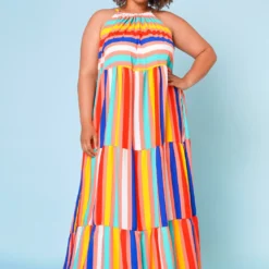 Plus Size Multi Stripe Halter Neck Flare Maxi Dress -Radiant Drape Sales 2022668 002 2