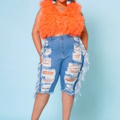 Plus Size Distressed High Waist Biker Shorts