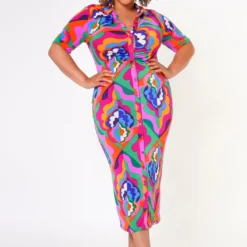 Plus Size Abstract Pattern Button Front Midi Dress