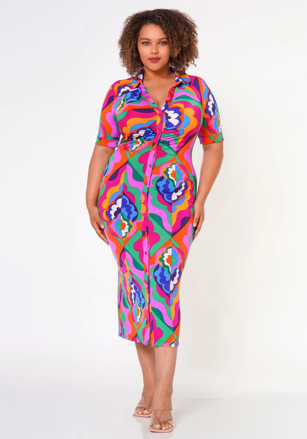 Plus Size Abstract Pattern Button Front Midi Dress 3 Plus Size Abstract Pattern Button Front Midi Dress - Image 3