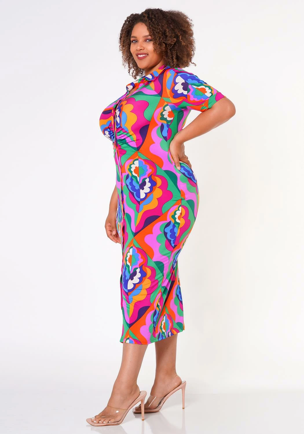 Plus Size Abstract Pattern Button Front Midi Dress 4 Plus Size Abstract Pattern Button Front Midi Dress - Image 4