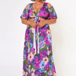 Plus Size Tie Front Surplice Top & Maxi Skirt Set -Radiant Drape Sales 2022689 001 2