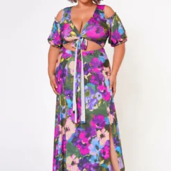 Plus Size Tie Front Surplice Top & Maxi Skirt Set